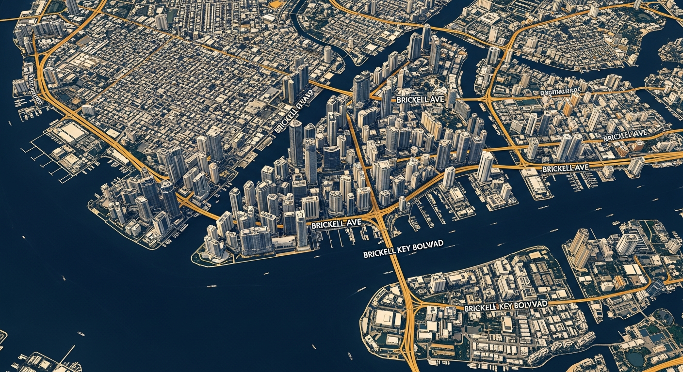 AI_IMAGE: An aerial satellite-style map view of the Brickell Avenue financial district in Miami, Florida, showing waterfront high-rises, Biscayne Bay, and major roads with a clean modern cartographic aesthetic, subtle navy and gold color grading | digital-art | landscape