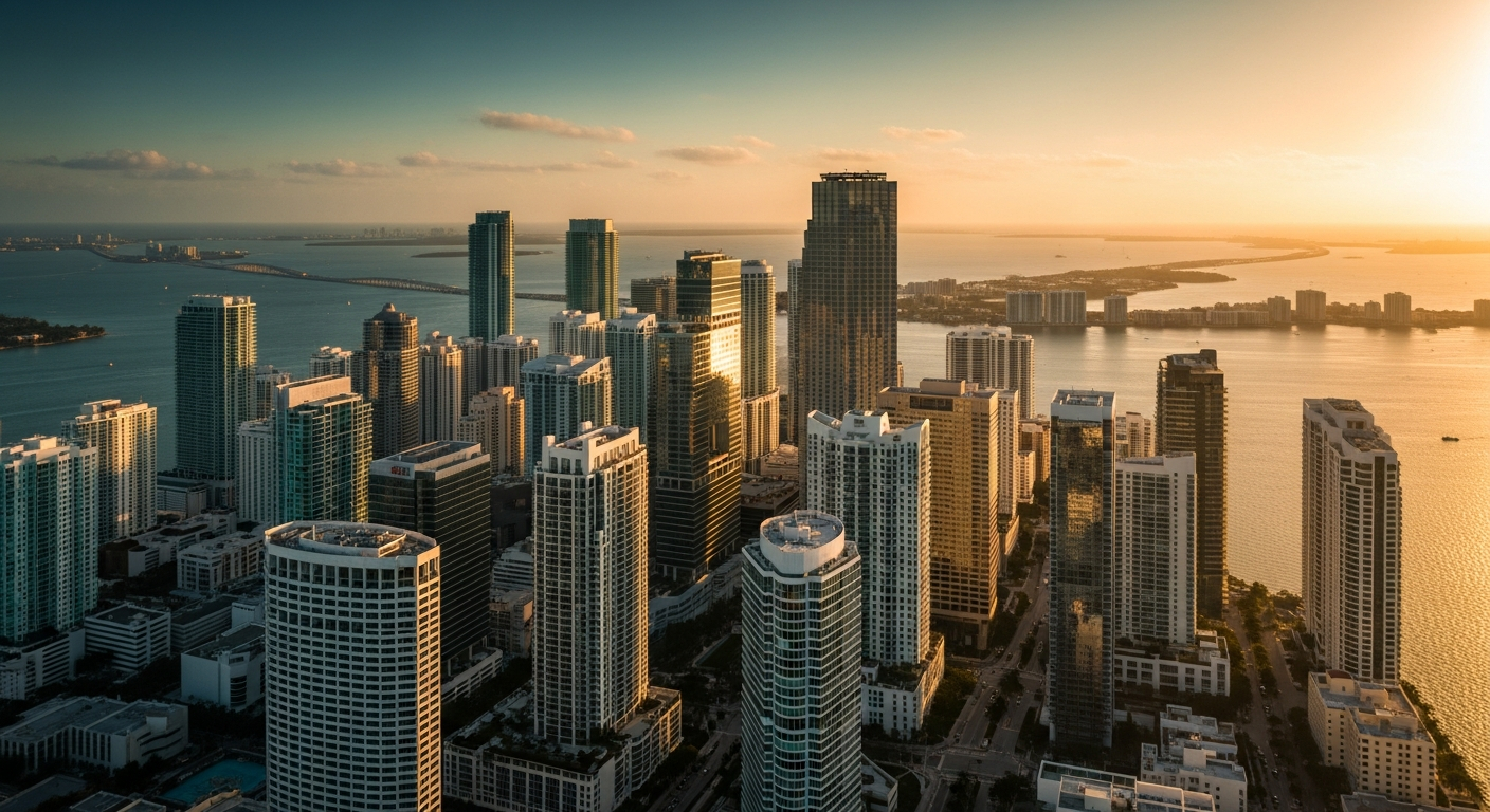 AI_IMAGE: A wide panoramic aerial photograph of the Miami Brickell skyline at golden hour, showing gleaming glass towers along Biscayne Bay with the Rickenbacker Causeway in the distance, warm amber light reflecting off the water, deep teal-navy sky transitioning above | photorealistic | landscape