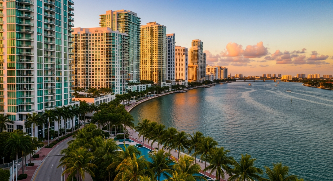 AI_IMAGE: An elegant aerial photograph of Miami's Brickell waterfront at golden hour, luxury condominiums lining the bay with palm trees in the foreground, warm amber light reflecting off glass facades, conveying prestige and coastal sophistication | photorealistic | landscape