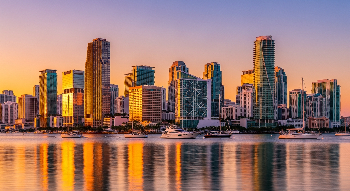 AI_IMAGE: A wide panoramic photograph of the Miami waterfront and Brickell skyline seen from Biscayne Bay during golden hour, warm amber light reflecting off the glass towers, calm water in the foreground, a few sailboats at anchor, conveying prosperity and coastal elegance | photorealistic | landscape